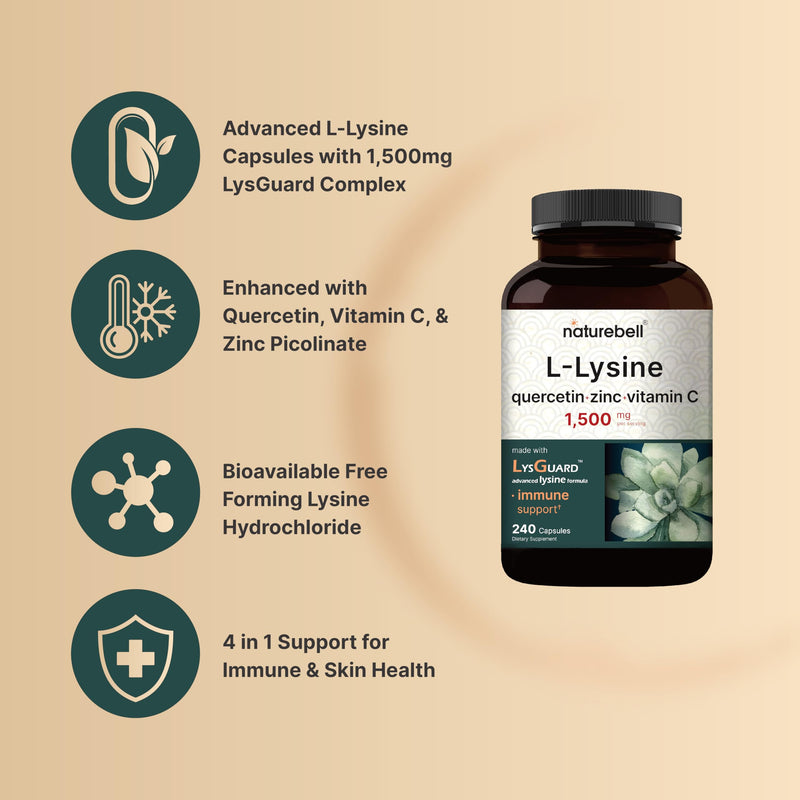 [Australia] - NatureBell L-Lysine 1,000mg Capsules + Quercetin 250mg with Vitamin C and Zinc, 240 Count | Free Form Amino Acids, L Lysine Complex | Immune Support, Lip & Skin Health Supplement 