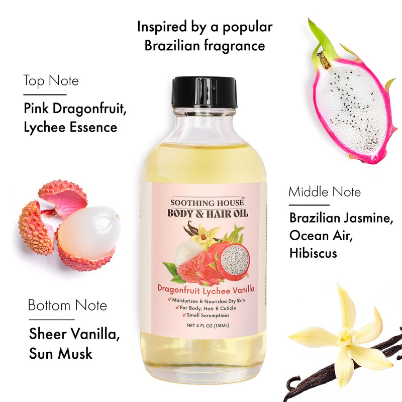 Dragonfruit Lychee Vanilla Body Oil – Hydrating & Nourishing Oil for Skin, Hair & Cuticles – Lightweight, Fast-Absorbing, Long-Lasting Fruity Floral Scent, 4 fl oz Dragonfruit Lychee Vanilla 4 Fl Oz (Pack of 1)