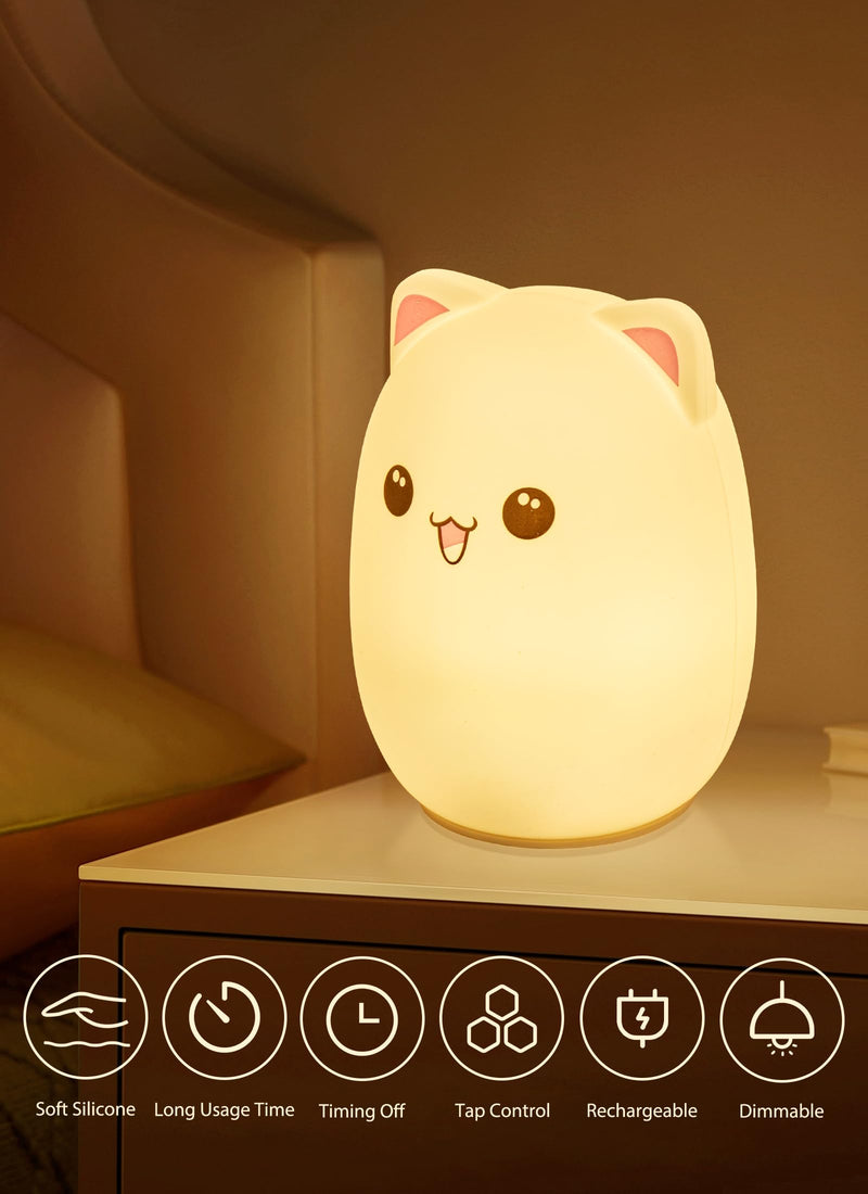 [Australia] - Minetom Night Light for Kids, Cute Silicone Kitty Night Light with 3 Levels of Brightness, 7 Colors Rechargeable Lamp for Bedroom, Girls and Boys, Nursery, Baby Gifts, Tap Control Kawaii Cat 
