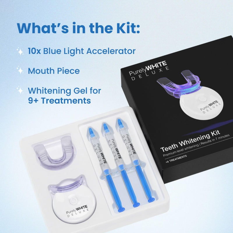 PurelyWHITE DELUXE Teeth Whitening Kit, Complete LED Teeth Whitening, 15+ Treatments, (3) 3ml Whitening Gel Syringes, Whiter Smile in 7 Minutes 0.2 Fl Oz (Pack of 5)
