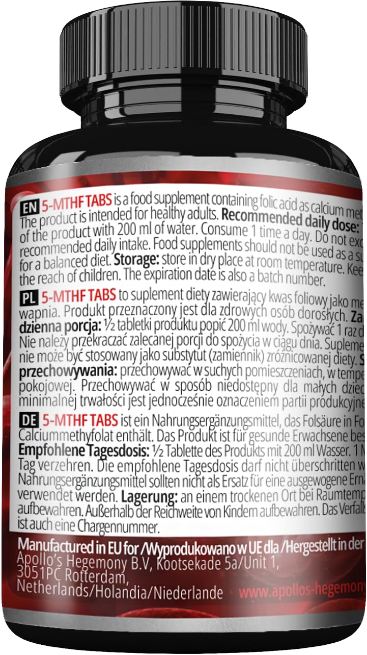 5-MTHF Tabs - 400 µg L-methylfolate per Serving - 60 Tablets - 4 Month Supply - Supports Psychological Functions and Reduces Fatigue - Dietary Supplement by Apollo's Hegemony