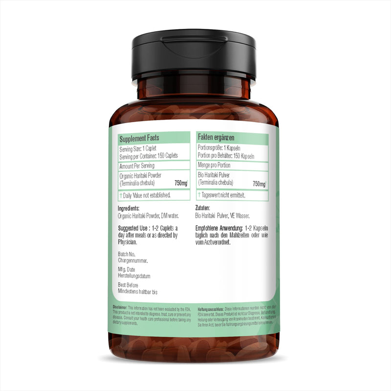 H&C Haritaki Caplets/Tablets (Terminalia Chebula) - 750mg, 150 Counts | Detoxification & Rejuvenation for Vata 750mg Caplets