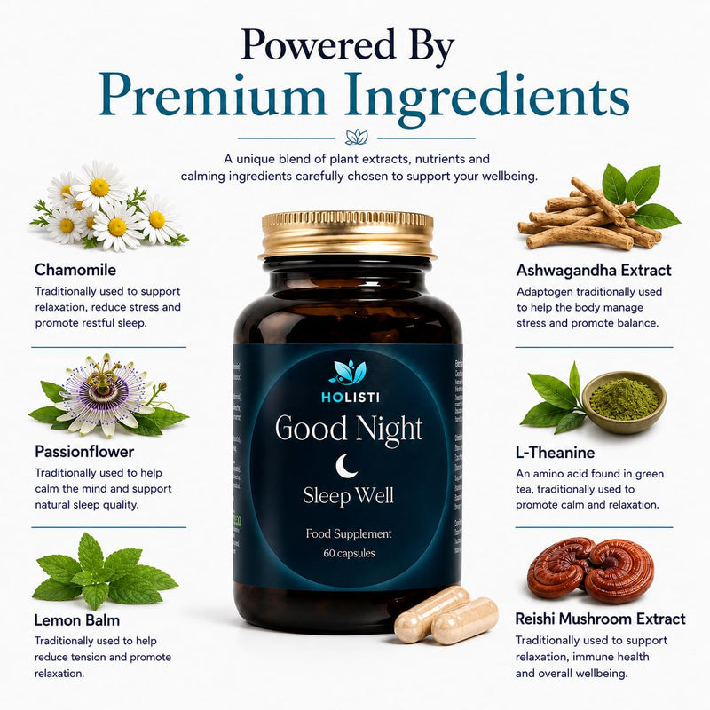 Goodnight Sleep & Stress Relief | Ashwagandha, L-Theanine & Reishi | Made in UK | Vegan Capsules | 30 Day Supply | Melatonin Free | Stress & Sleep Support