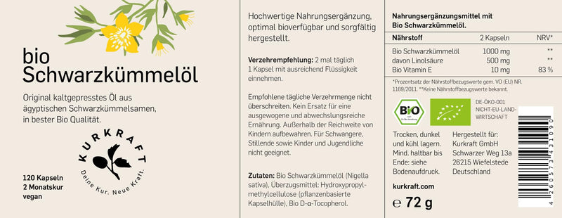 [Australia] - Kurkraft® organic black cumin oil - 2 months - 1000mg per daily dose - 500mg linoleic acid - vegan capsules - Egyptian - cold pressed - naturally produced in Germany 