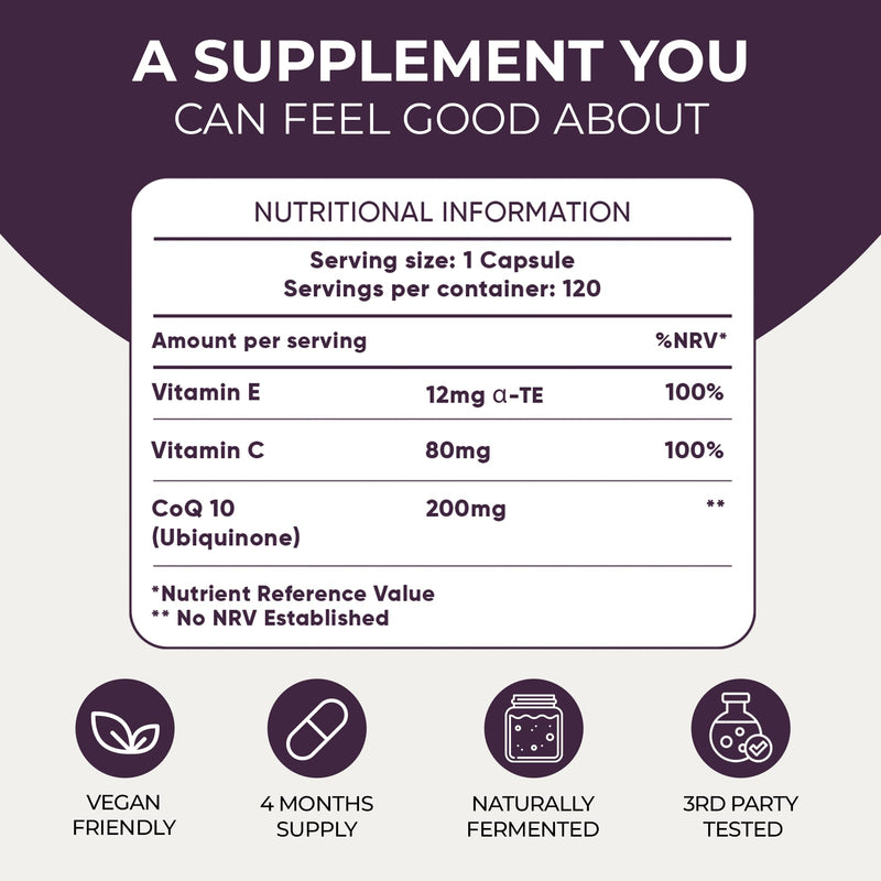 CoQ10 Supplement (4-Month Supply) Coenzyme Q10 Ubiquinone High Strength 120 Vegan Capsules with Vitamin C and E - 200mg, No Synthetic Additives, Made in UK