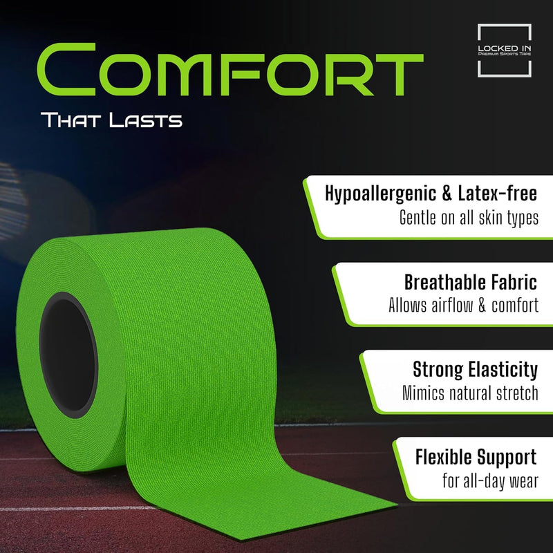 Locked in Kinesiology Tape - Sports Physio Tape for Muscle & Joint Support - Sweat Resistant, Hypoallergenic & Long Lasting Adhesive for Training, Recovery & Rehab (Green, 6 Rolls) Green