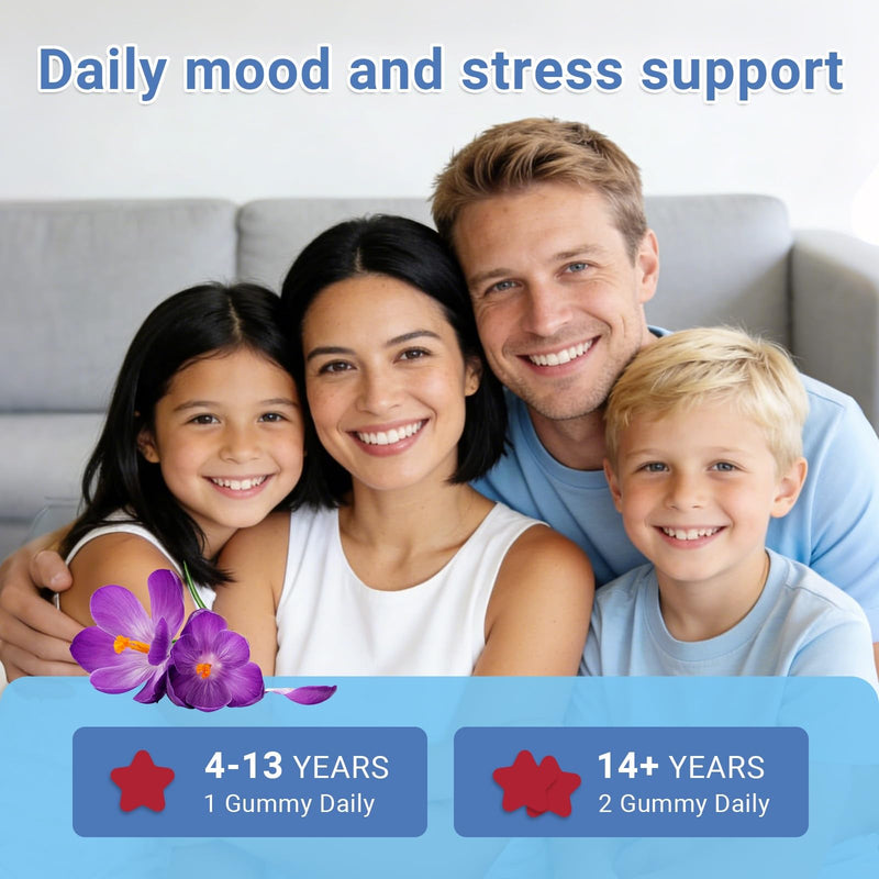 Calm Mood Gummies for Kids & Adults | Saffron, Passion Flower, Magnesium, Omega-3, B12 | Supports Mood & Focus | 60 Raspberry Flavour Gummies | Vegan & Gluten Free