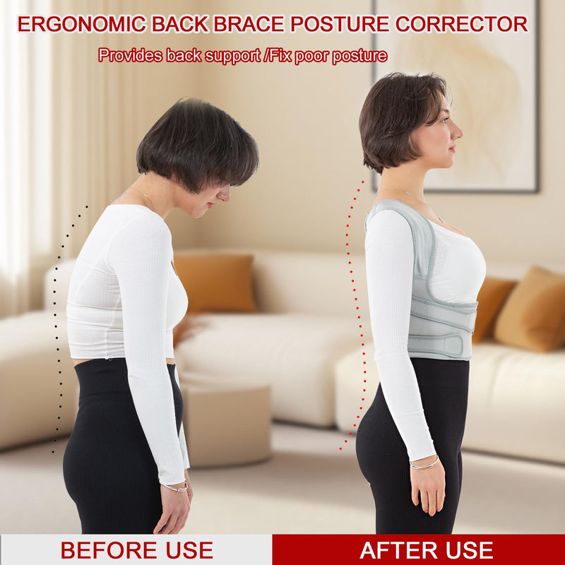 [Australia] - Back Brace Posture Corrector for Women and Men with Detachable Heating Pad - Adjustable Posture Corrector Belt, Relieve Pain in Upper and Lower Back, Waist, And Shoulders (Gray, Medium) Gray 