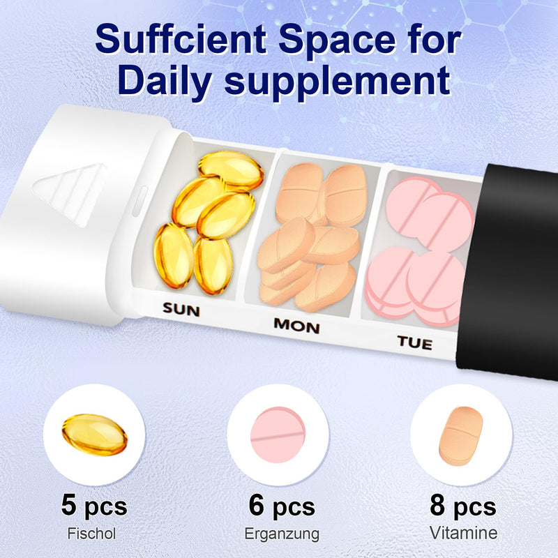 Weekly 7 Day Pill Organizer, Light Protected Sealed Moisture Resistant，Pill Taker, DKYEUD Travel Daily Pill Box, Cute Pill Case for Vitamins, Medicines, Supplements, Fish Oil, Black and White