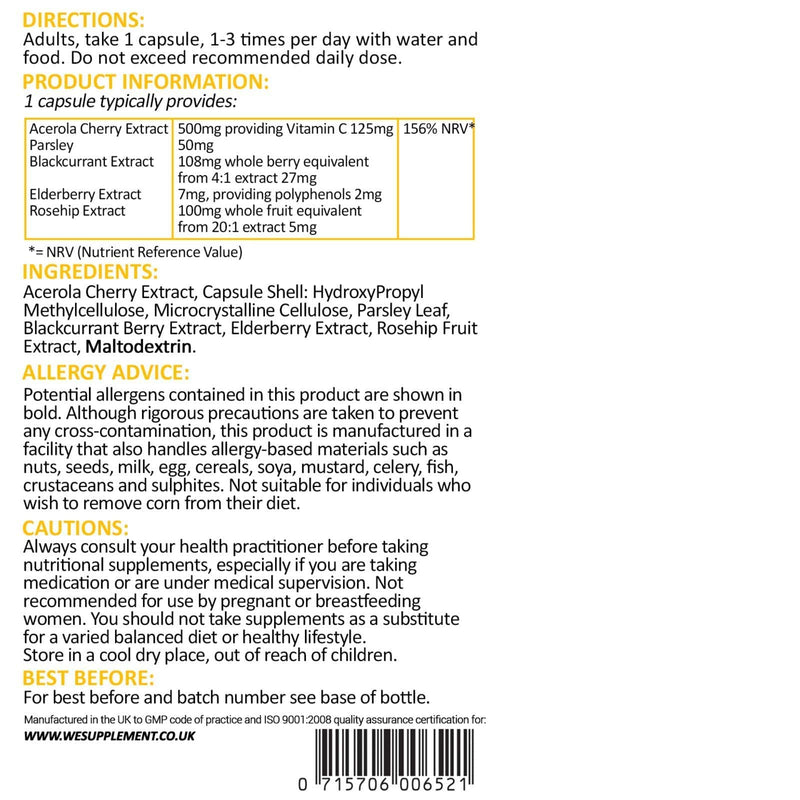 Acerola Cherry Extract 120 Vegan Capsules - Natural Vitamin C (Food Form) Complex - Enhanced with Rosehip, Elderberry, Parsley and Blackcurrant Extract - UK Made to The GMP Code of Practice