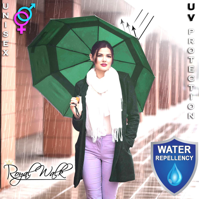 Royal Walk Large Umbrella for Rain, Windproof Folding Travel Umbrella with Vented Canopy, Genuine Wood Handle, Automatic Open Close, Reflective Strip for Safety in the Dark