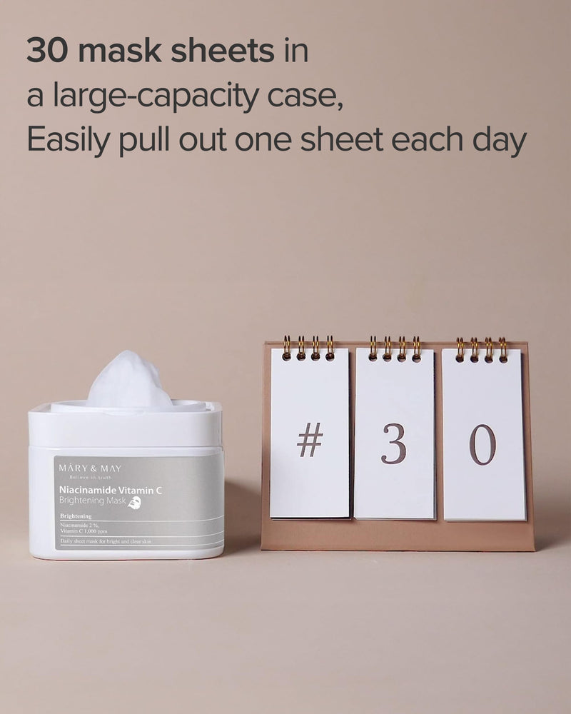 Mary&May Niacinamide + Vitamin C Daily Sheet Mask, 30 Sheets Pull-Out | Korean face mask, 2% niacinamide + 1,000 ppm stable vitamin C + six hyaluronic acids for the look of dark spots & dull skin Niacinamide Vitamin C