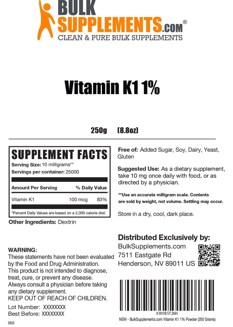 [Australia] - BulkSupplements.com Vitamin K1 Powder - Vitamin K1 Supplement for Bone and Heart Health Support - Gluten Free, 10mg per Serving, 250g (8.8 oz) (Pack of 1) 