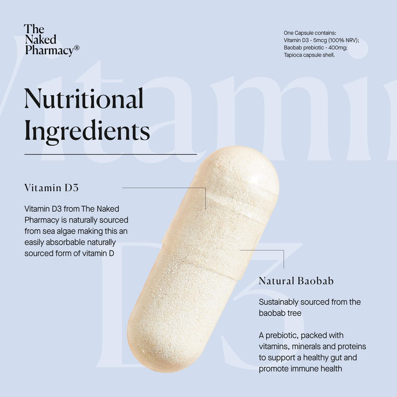 The Naked Pharmacy | Vitamin D3 Supplements | for Immune System | Bones, Joints & Teeth | with Natural Prebiotic Baobab | High Strength | No Additives | Vegan | 60 Capsules 60 count (Pack of 1)