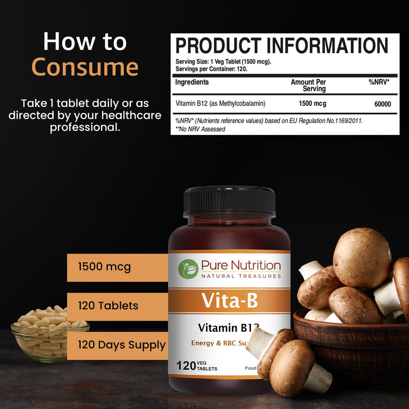 Pure Nutrition Natural Vitamin B12 1500mcg (Methylcobalamin) | 120 Veg Tabs | Vitamin B12 Supplement Helps Support Metabolism, Blood Cells, and Nerves Function* | Non GMO
