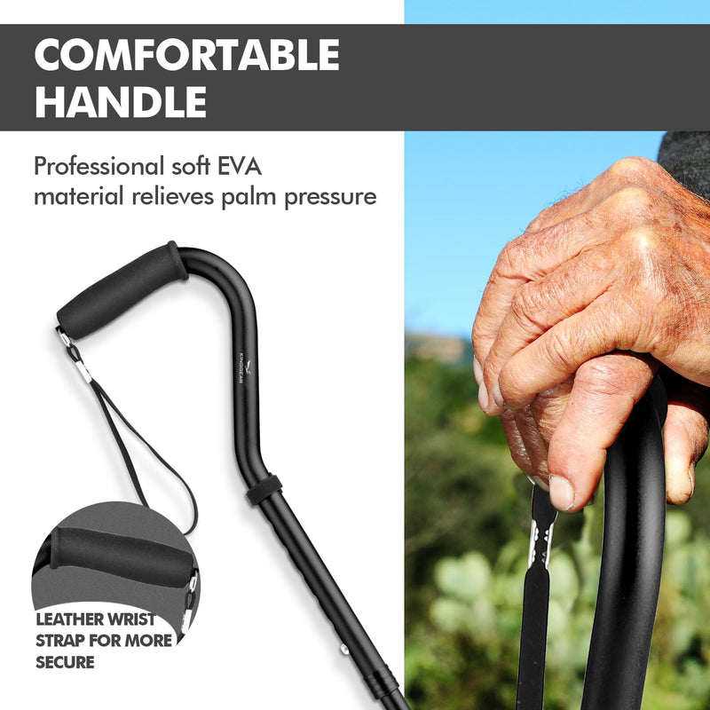 [Australia] - KINGGEAR F1 Walking Stick, Walking Cane for Women & Men, Self Standing Walkers for Seniors with Wrist Strap, Lightweight & Sturdy Offset EVA Handle and Large Quad Base Black 