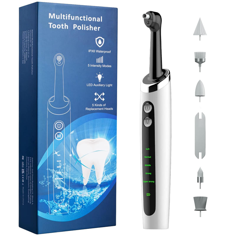 Electric Tooth Polisher, Multifunctional Replacement Head Teeth Cleaning Kit for Fighting Tooth Smoke and Tea Stains, USB Charging, Waterproof White