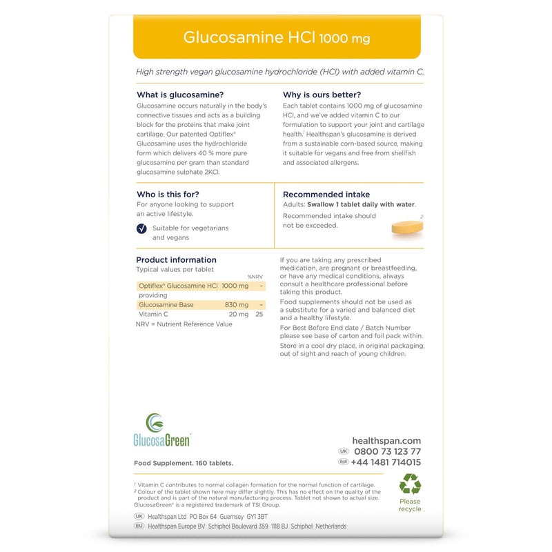 [Australia] - Healthspan Optiflex Glucosamine 1,000 mg | Support for healthy joints and improved mobility | Highly effective formula with vitamin C to promote joint health | Vegan | 160 tablets 