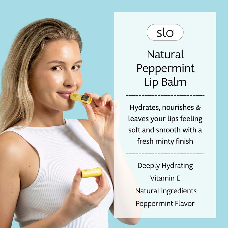 Slo Hydrating Lip Balm - All Natural Ingredients, Minty Lip Balm with Organic Jojoba, Rosehip, Cocoa Butter - Vegan, Cruelty-Free, Paper Packaging - Peppermint + Vitamin E (0.28oz/8g) 1 Pack (0.28oz/8g)