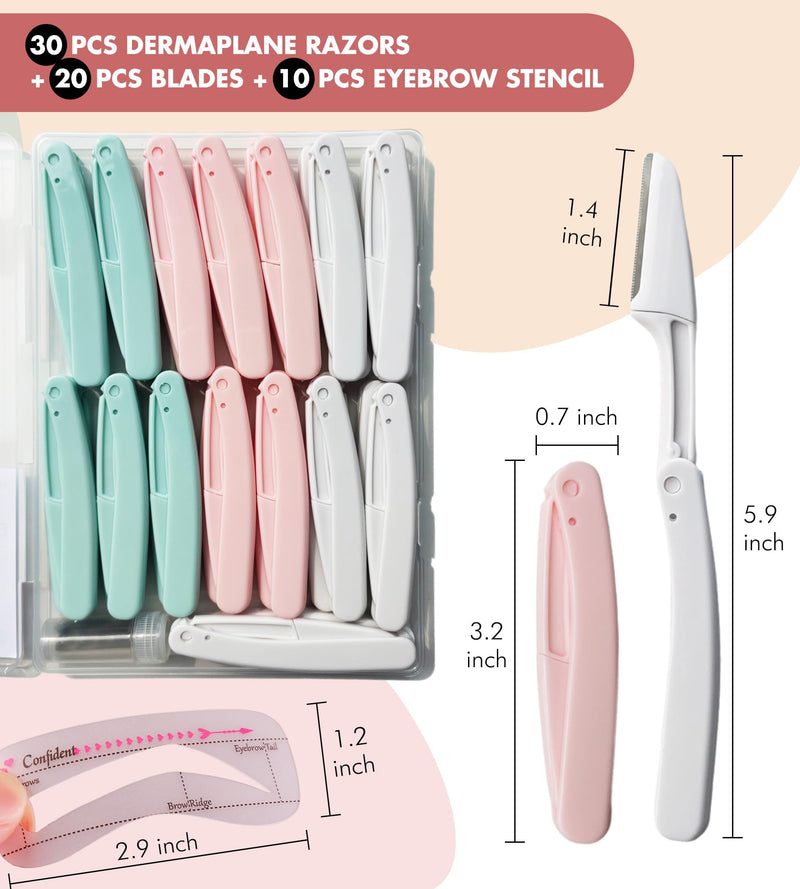[Australia] - Dermaplaning Tool - Dermaplane Razor for Face, for Women and Men, That Helps Exfoliate and Peach Fuzz - Smooth the Skin, 30 Pcs Foldable Eyebrow Razors + 20 Blade Refills + Eyebrow Stamp Stencils 30 Razors + 20 Blades + Eyebrow Stencils 