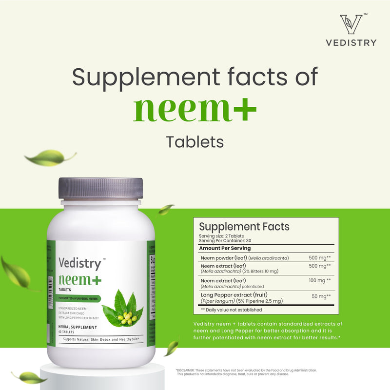 [Australia] - Neem+ Tablets 1100 mg with Neem & Long Pepper Extract - 60 Tablets - Herbal Supplements, Vegan- Pack of 1 