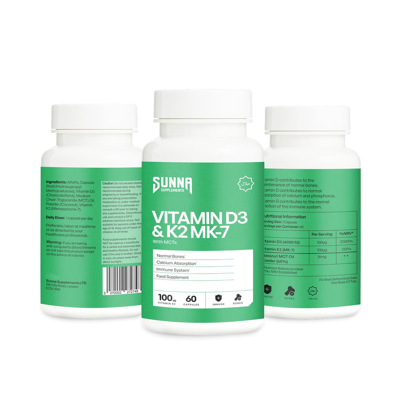 SUNNA SUPPLEMENTS High Strength Vitamin D3 & K2 Capsules with MCT Oil - 4000 IU D3 + 100 µg K2 MK‑7 - Gluten Free and Vegan Vitamin D3 and K2 Capsules for Adults - Bone & Immune Support - 60 Capsules