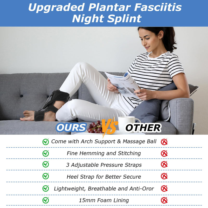 [Australia] - Plantar Fasciitis Night Splint with Massage Ball & Arch Pads, Foot Brace Support for Achilles Tendonitis, Foot Drop & Heel Spur – Adjustable Night Splint for Women & Men, Black 