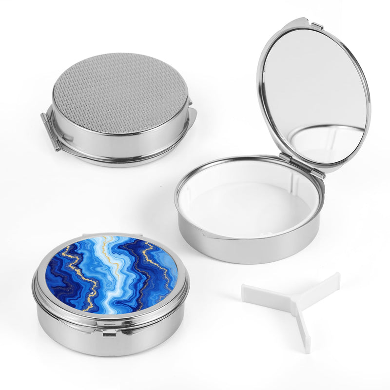 Pill Case Pill Box with Mirror Pocket 3 Compartment Medicine Case Vitamin Pill Organizer for Pocket Purse and Travel (Round, Silver-Blue Marble Pattern) Blue Marble Pattern