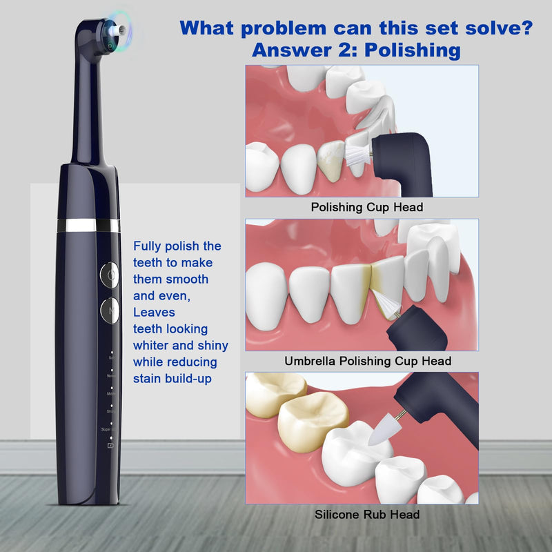 [Australia] - Tooth Polisher,Teeth Polishing Kit for Daily Cleaning,Polishing Then Whitening of Tooth (Professional Toothpaste Include),USB Rechargeable Dental Polisher with LED Light,6 Heads,5 Speed Modes Morandi Blue 
