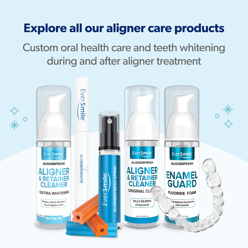 EverSmile AlignerFresh Extra Whitening Foam – Cleaner Compatible w/Invisalign and All Clear Aligners and Retainers – Eliminates Bacteria, Whitens Teeth, Fights Bad Breath – 50ml (1 Pack) Extra Whitening Fresh Mint 50ml 1-pack
