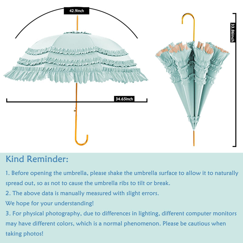 Ruffled Umbrella with Gold Handle, Mint Green and Peach, 34.65 inch Canopy, Decorative Stick Umbrella Pink