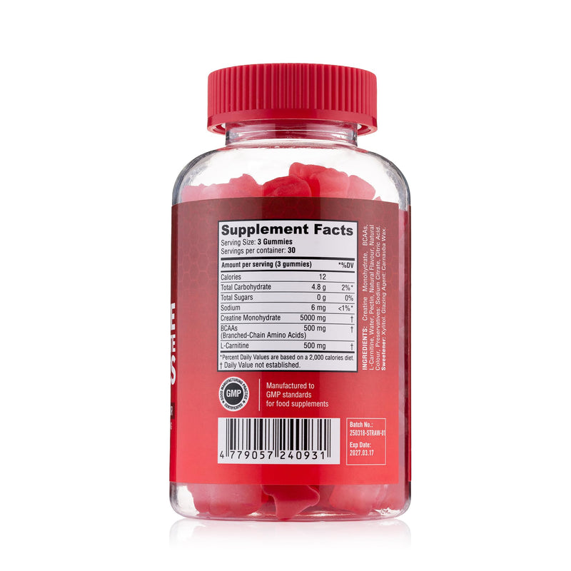 Creatine Monohydrate Gummy Bears - 5000 mg Creatine with BCAAs & L-Carnitine per Dose - for Muscle Building - Sugar Free, Anti-Melt Formula, Vegan, Gluten Free - 30 Servings (90 Count, Strawberry) 90 count (Pack of 1)