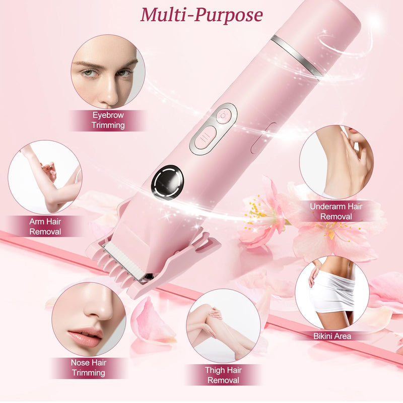2025 New Bikini Trimmer for Women, 4 in 1 Dual Head Electric Razor, IPX7 Waterproof (Wet/Dry), Painless Hypoallergenic for Shower & Travel, USB Rechargeable for Pubic/Underarm/Leg, Pink