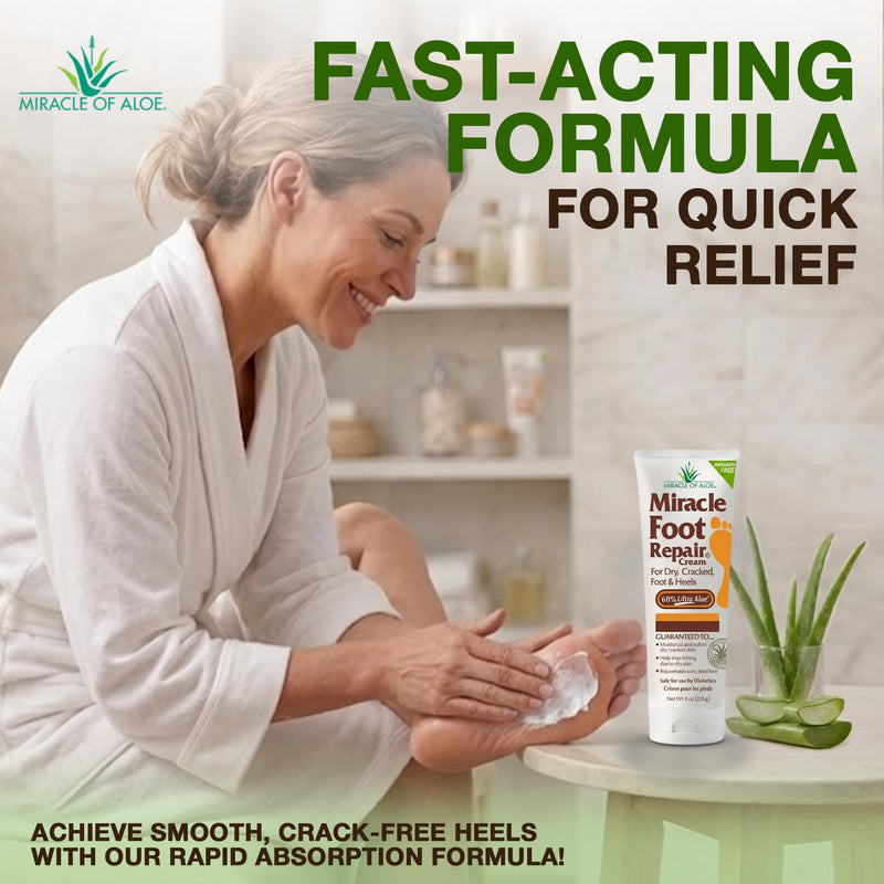 Miracle Foot Repair Cream, 8 Oz 2 Pack, For Dry Cracked Heels & Feet | 60% UltraAloe Aloe Vera Foot Moisturizer, Non Greasy Fast Absorbing Cream For Rough Dry Skin, Calluses & Night Care 8 Ounce (Pack of 2)