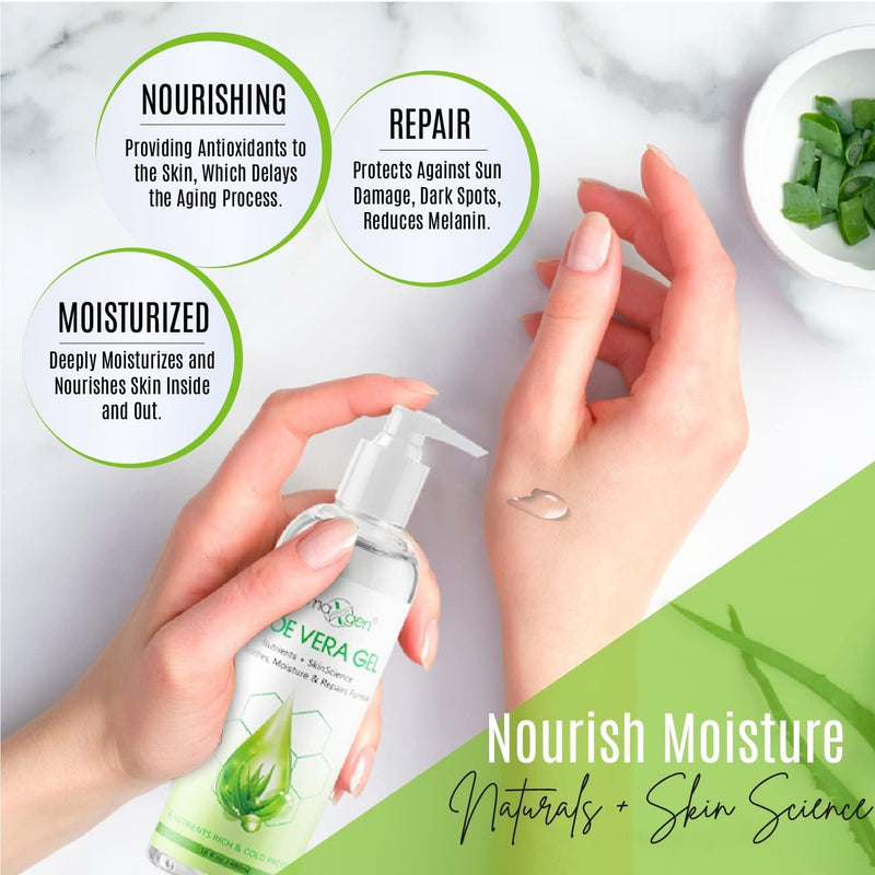 Aloe Vera Gel - Organic 100% Pure Aloe + Witch Hazel + Vitamin C + Vitamin E - Skin Soothes, Moisture And Repair Formula, Nutrients Rich And Cold Pressed - 16 Fl Oz