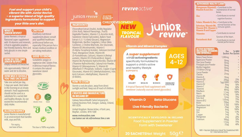 Junior Revive, Kids Multivitamin - 23 Active Ingredients - 1 Daily Sachet - Childrens Vitamin & Mineral Complex - Supports Heart Health, Mental Performance and Immune System - 20 Sachets Tropical