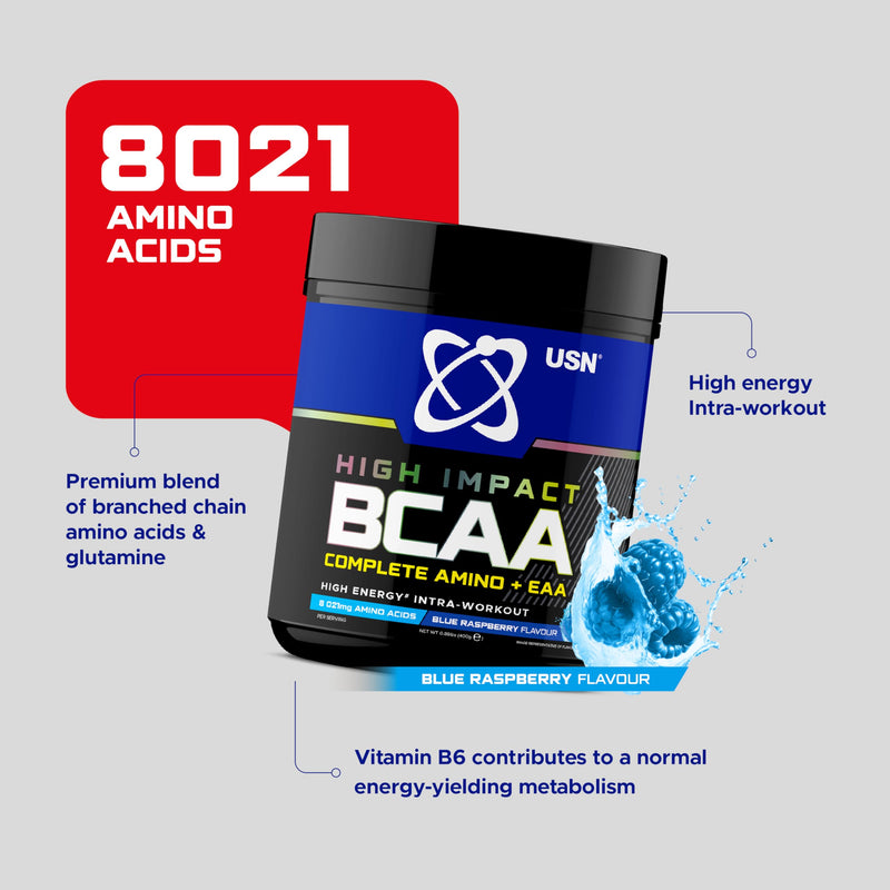 USN Complete Amino & EAA Intra Workout Powder, Blue Raspberry Flavour - 400g, Vegan Energy Drink, Premium BCAA Amino Acids & Glutamine Recovery Drink, High Impact Pre Workout & Post Workout Shake 400 g (Pack of 1)