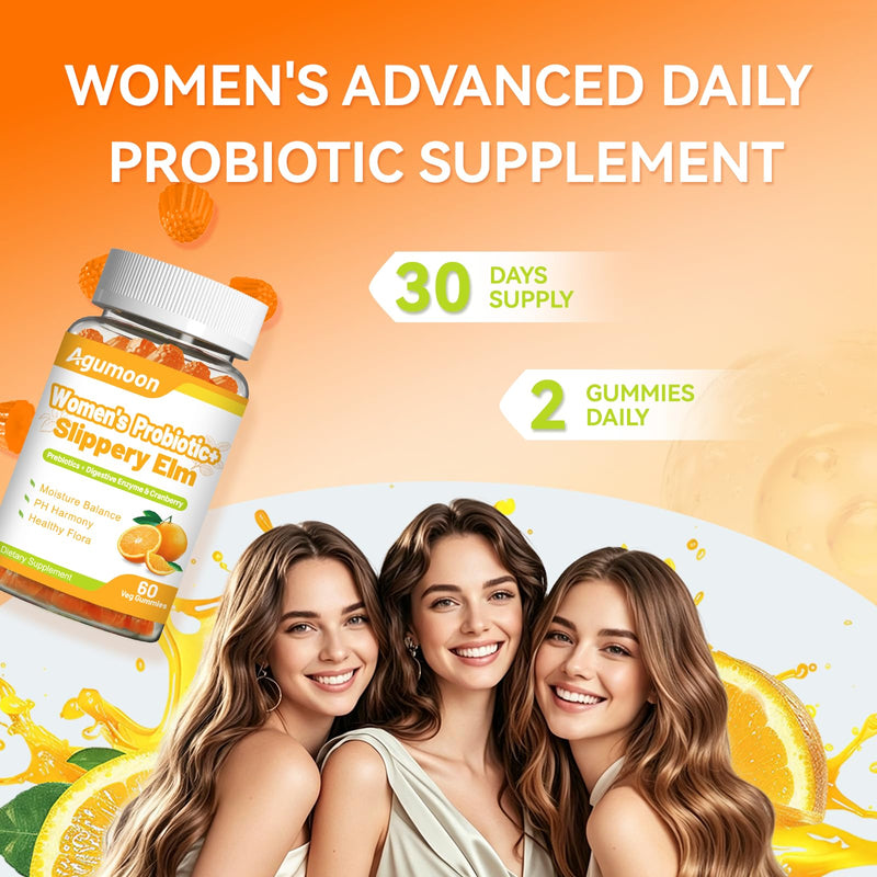 2 Pack Probiotic Gummies with Cranberry,Slippery Elm for Women | Feminine Balance Gummies with Slippery Elm,Women's PH Balance,Freshness and Digestive Health,Orange Flavor