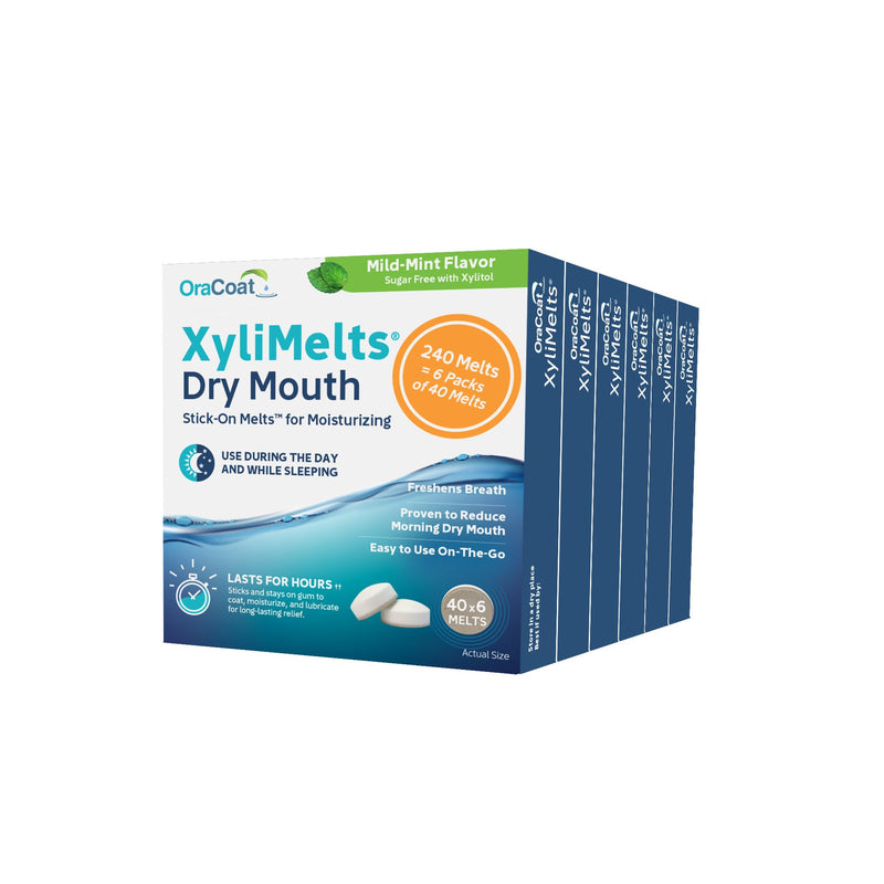 [Australia] - Oracoat XyliMelts for Dry Mouth Night Time or Day - Moisturizing Dry Mouth Adhering Discs, Sugar Free with Xylitol, 40 Count - 6 Pack, Mild Mint Flavor, 8-Hour Relief 