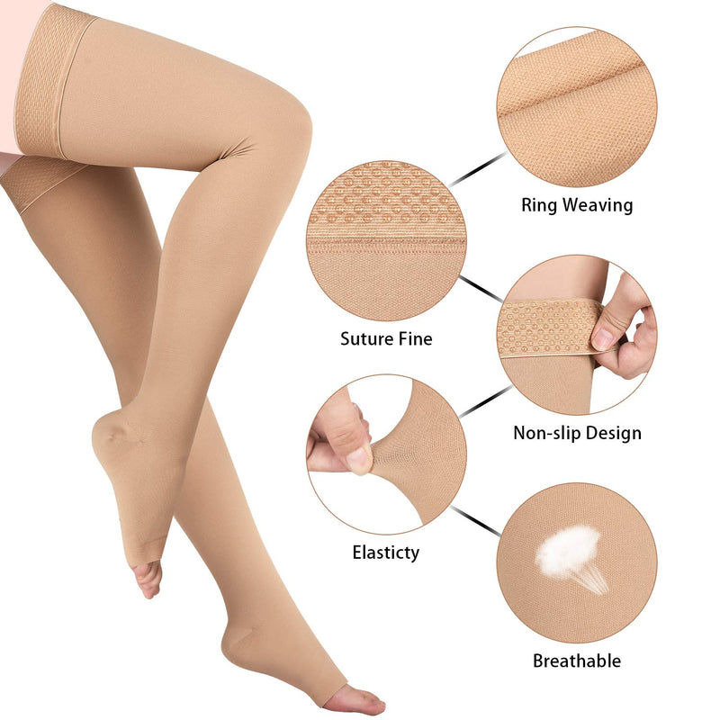 [Australia] - Evolyline Medical compression stockings for women and men, thigh long support stockings with silicone band, 20-30 mmHg compression socks for air travel, sports, graduated support for varicose veins, beige XL 