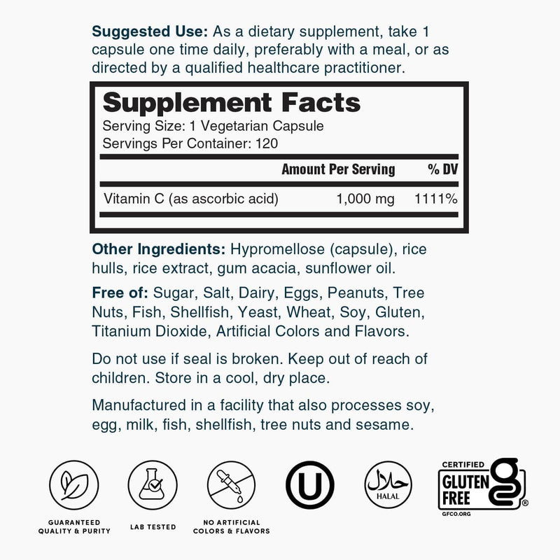 Nature's Lab Vitamin C 1000mg Per Capsule -Supports Immune System Health, 120 Count (Pack of 1) 120 Count (Pack of 1)