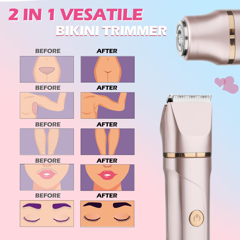[Australia] - Bikini Trimer for Women,2 in 1 Electric Razor Shaver Facial Hair Women-IPX7 Waterproof Wet/Dry,USB Recharge Dock with Snap-in Ceramic Blades for Face Body Leg Bikini Underarm Arm 