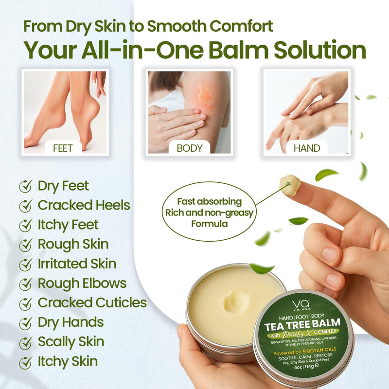 Tea Tree Oil Balm 4 oz Soothing Care for Rashes, Athlete’s Foot, Jock Itch | Bug Bites, Folliculitis, Cracked Feet, Dry, Flaky, Irritated Skin – For All Ages & Sensitive Skin - VITAL AFFAIR Natural Tea Tree 4 Ounce (Pack of 1)