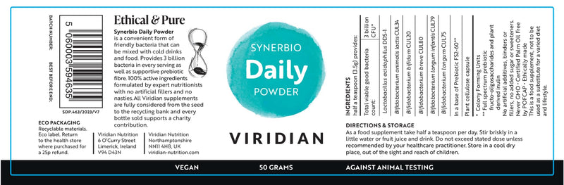Viridian - Synerbio Daily Powder - 50g | 3 Billion Friendly Bacteria with FS2-60, Full Spectrum Prebiotic & Plant-Derived Inulin | Gentle Formulation | Nutritionist Formulated