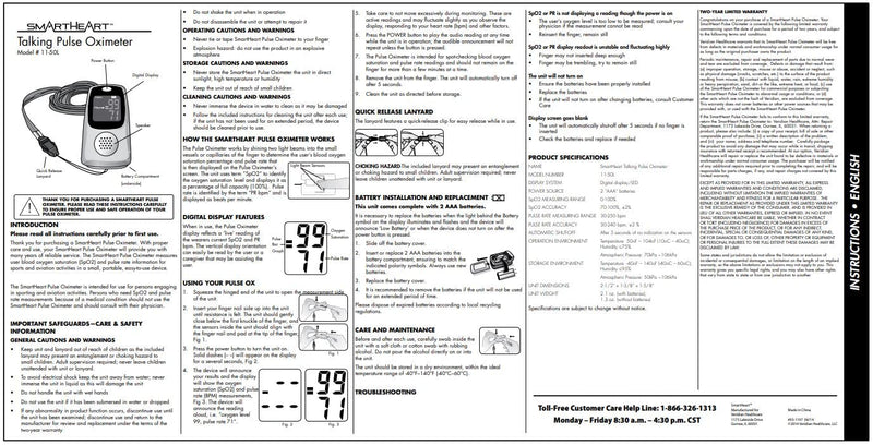 [Australia] - SmartHeart Talking Pulse Oximeter | Audible Result Announcement | Blood Oxygen Saturation | Complete System Monitor Lanyard and Batteries | Portable Spot-Check Monitoring 