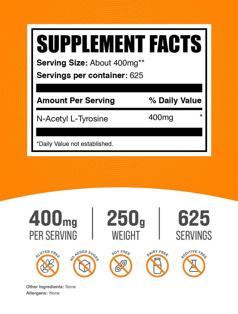 [Australia] - BulkSupplements.com N-Acetyl L-Tyrosine Powder -Tyrosine Supplement, NALT Powder, Amino Acid Supplement - Unflavored & Gluten Free, 400mg per Serving, 250g (8.8 oz) (Pack of 1) 8.81 Ounce (Pack of 1) 