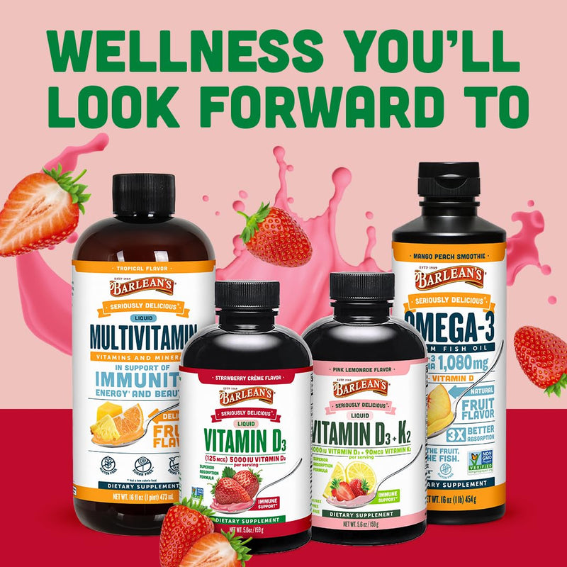Barlean's Pink Lemonade Liquid Vitamin D3 + K2, 5000 IU, 5.6oz, 2-Pack | Smooth liquid, 5,000 IU vitamin D3 with K2, Non-GMO, Gluten-free, For kids & adults, Bone, heart & immune support