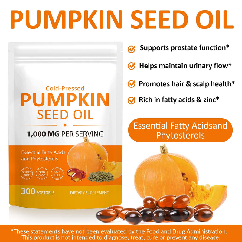 Pumpkin Seed Oil Capsules,100% Natural Cold Pressed,1000MG Pumpkins Seed Oil,2 in 1 Pumpkins Seeds Oils for Hair Growth,Non-GMO,Gluten Free,300 Softgels