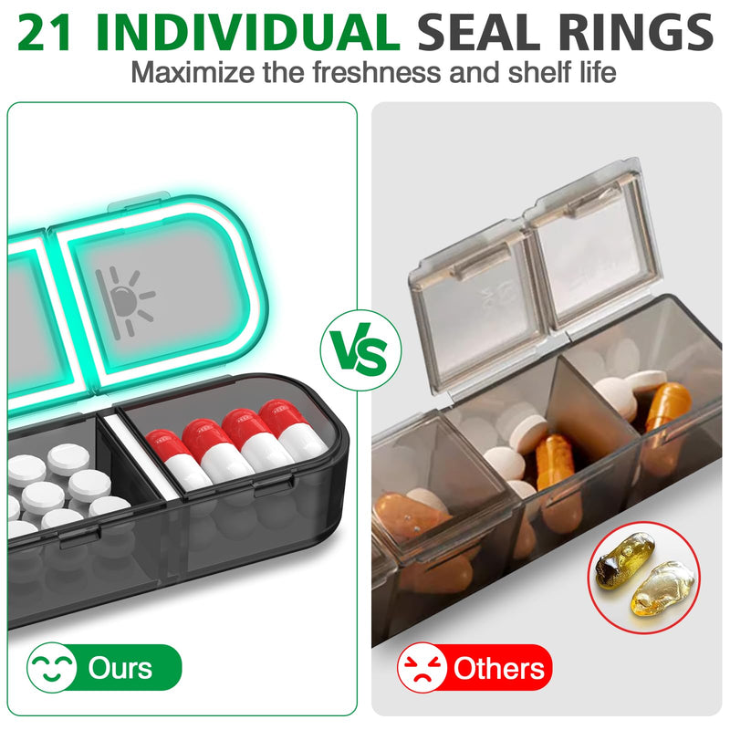 Weekly Pill Organizer 3 Times a Day, GloDeals Large Travel Pill Box 7 Day, Am Pm Three Daily Pill Case with Removable Medicine Container, Pill Holder for Vitamin, Supplement, Fish Oil, Black