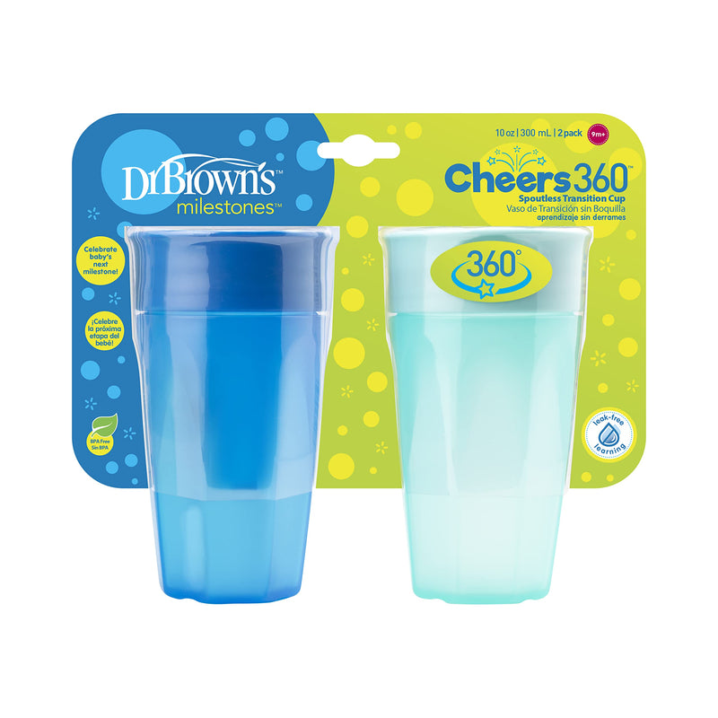 [Australia] - Dr. Brown's Milestones Cheers 360 Training Cup for Toddlers & Babies, Leak-Free Sippy Cup, Blue/Aqua, 10oz/300mL, 9m+, 2 Pack (Colors May Vary) 10 oz, Blue & Aqua 